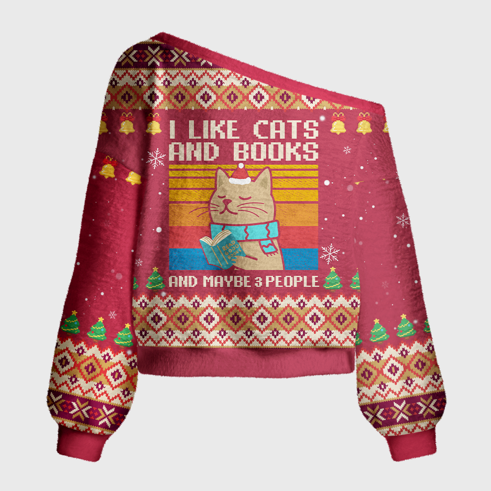 Pagewings Cat Book Introvert Holiday Off Shoulder Ugly Knit Sweater