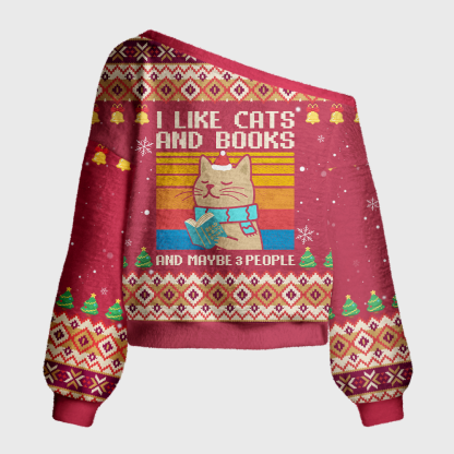 Pagewings Cat Book Introvert Holiday Off Shoulder Ugly Knit Sweater