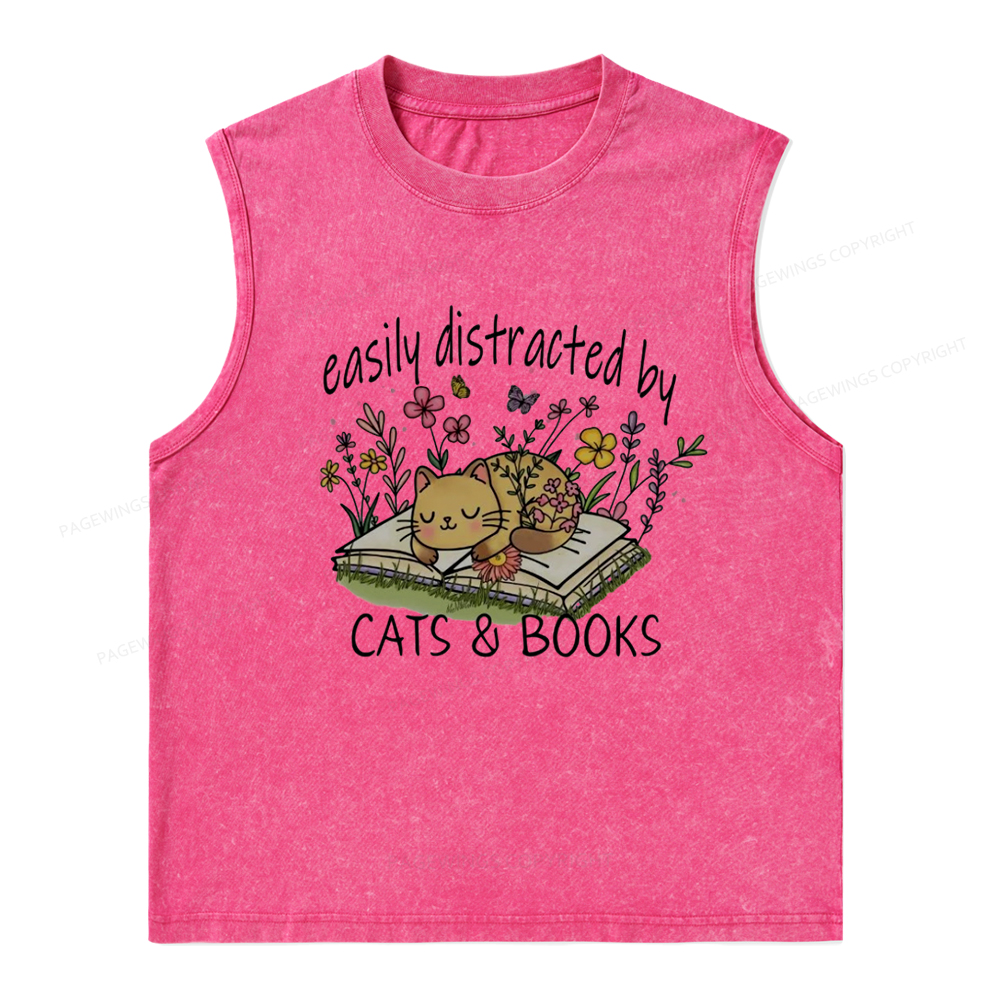 Pagewings Easily Distracted By Cats And Books Unisex Washed Tank Top