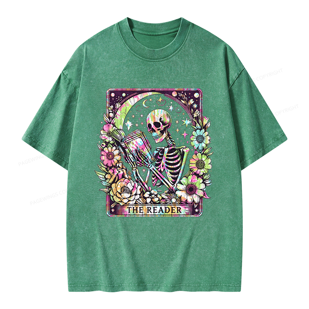 Pagewings The Reader Tarot Card Skeleton Reading Unisex Washed T-shirt