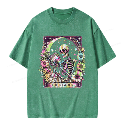 Pagewings The Reader Tarot Card Skeleton Reading Unisex Washed T-shirt