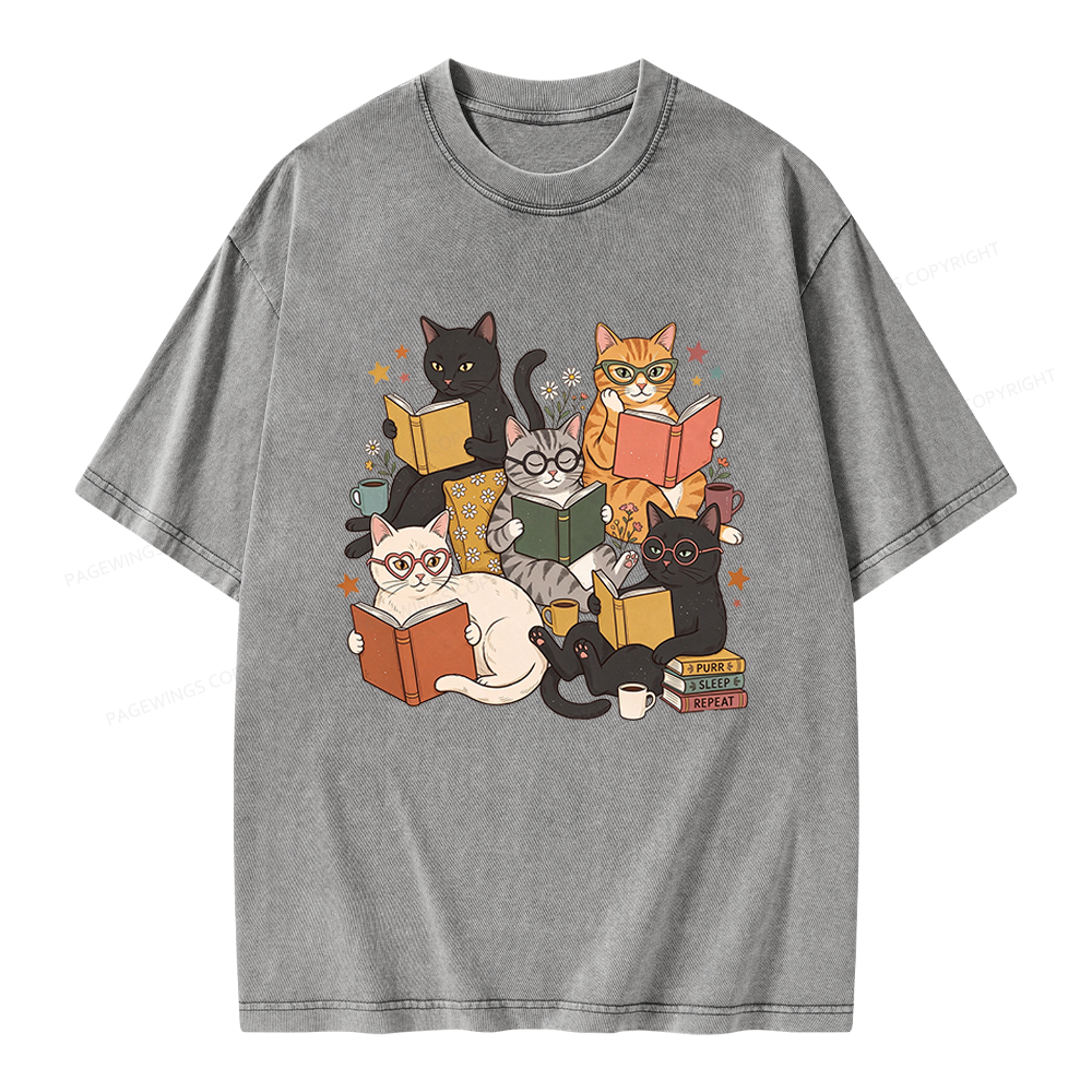Pagewings Retro Reading Cats Unisex Washed T-shirt