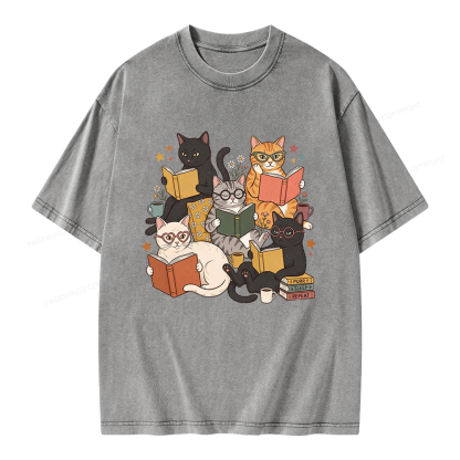 Pagewings Retro Reading Cats Unisex Washed T-shirt