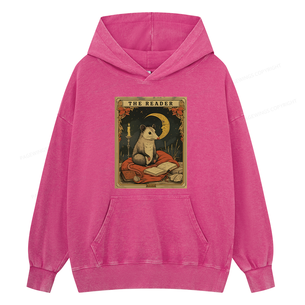 Pagewings The Reader Opossum Tarot Card Unisex Washed Hoodie