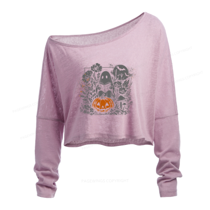 Pagewings Halloween Fall Ghost Slouchy Long Sleeve Off Shoulder T-shirt