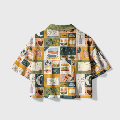 Pagewings Plant Floral Camp Collar Boxy Fit Unisex Crochet Shirt
