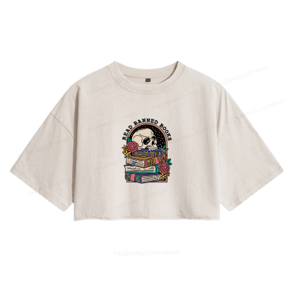 Pagewings Read Banned Book Floral Women's Washed Cropped T-shirt