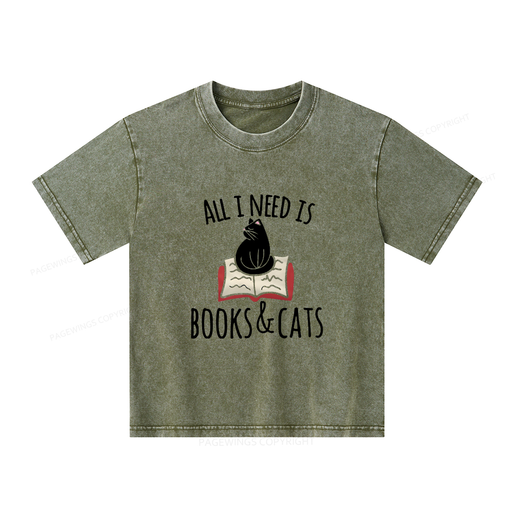 Pagewings All I Need Is Book & Cat Unisex Kids Washed T-shirt