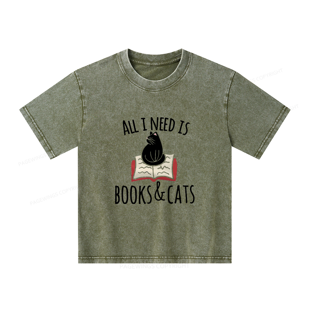 Pagewings All I Need Is Book & Cat Unisex Kids Washed T-shirt