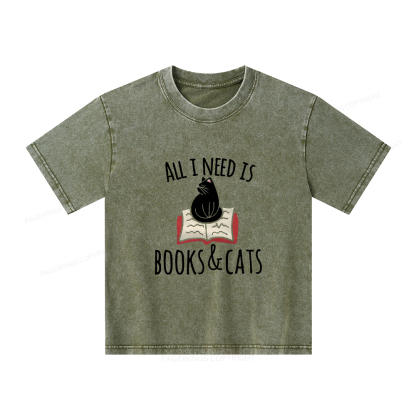 Pagewings All I Need Is Book & Cat Unisex Kids Washed T-shirt