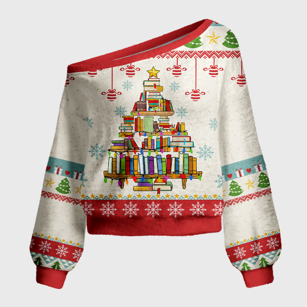 Pagewings Book Christmas Tree Off Shoulder Ugly Knit Sweater