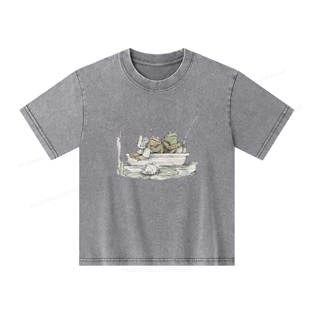 Pagewings Frog Reading Unisex Kids Washed T-shirt