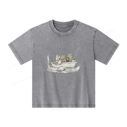 Pagewings Frog Reading Unisex Kids Washed T-shirt