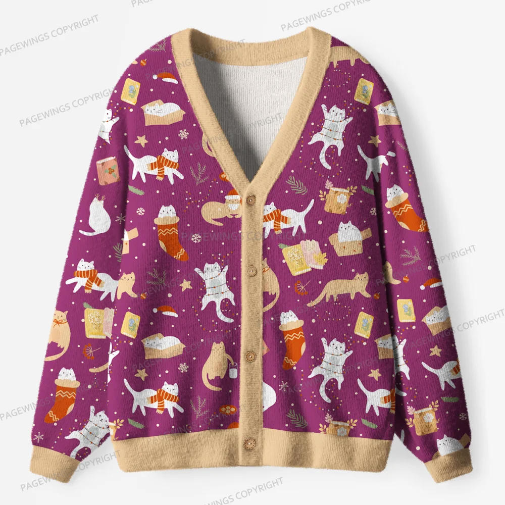 Pagewings Cats And Reading Unisex Ugly Cardigan Sweaters