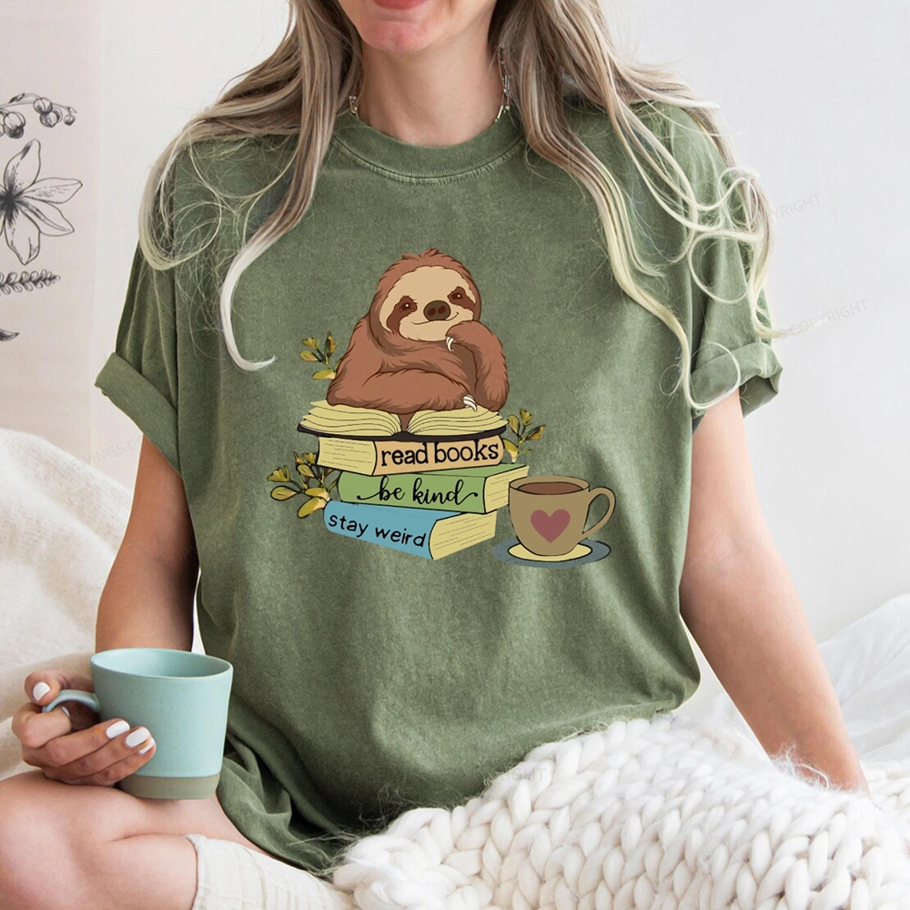 Pagewings Sloth Reading Unisex Washed T-shirt
