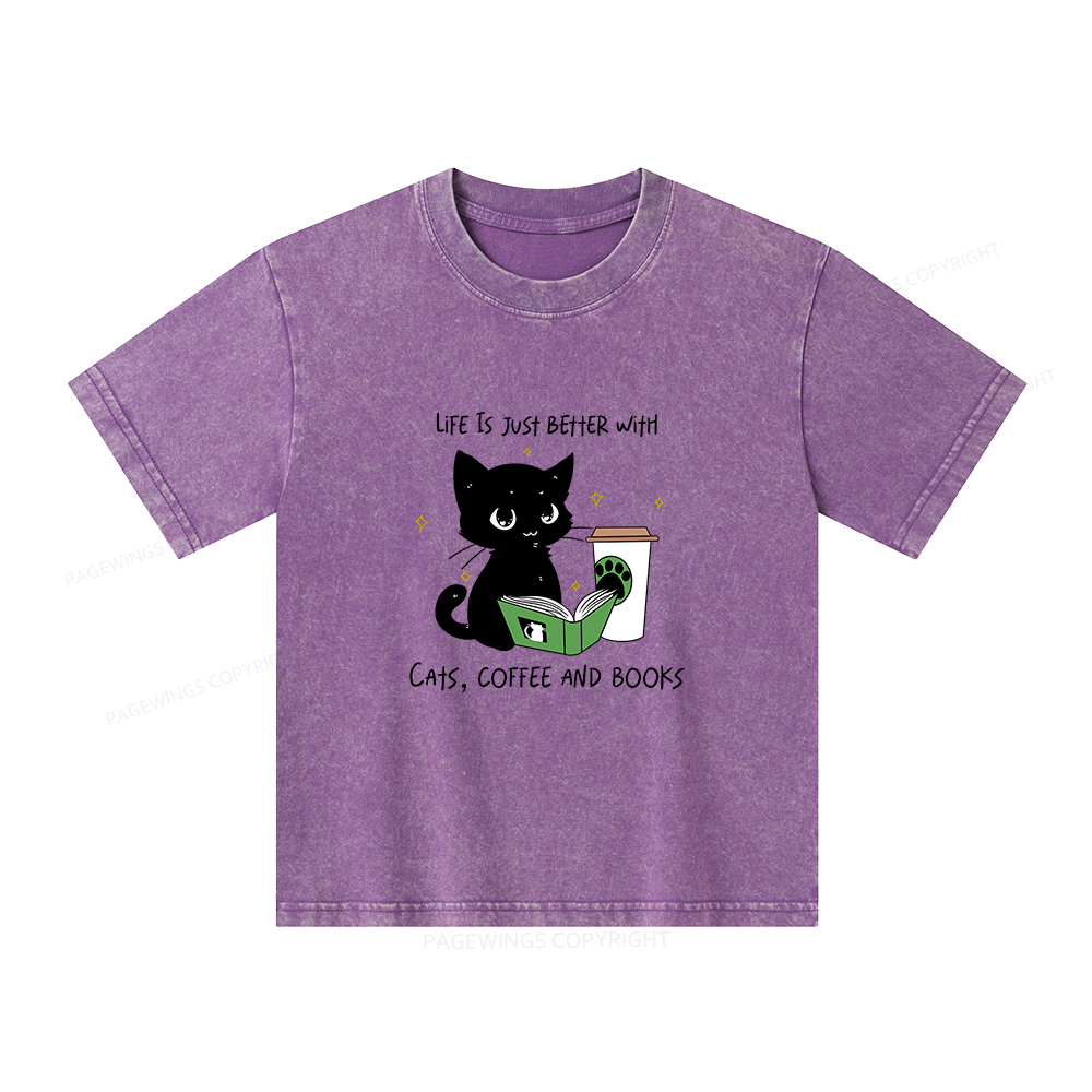 Pagewings Cats Coffee And Books Unisex Kids Washed T-shirt