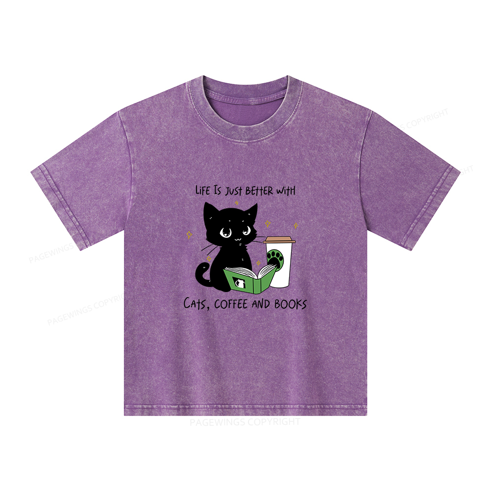 Pagewings Cats Coffee And Books Unisex Kids Washed T-shirt