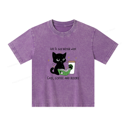 Pagewings Cats Coffee And Books Unisex Kids Washed T-shirt