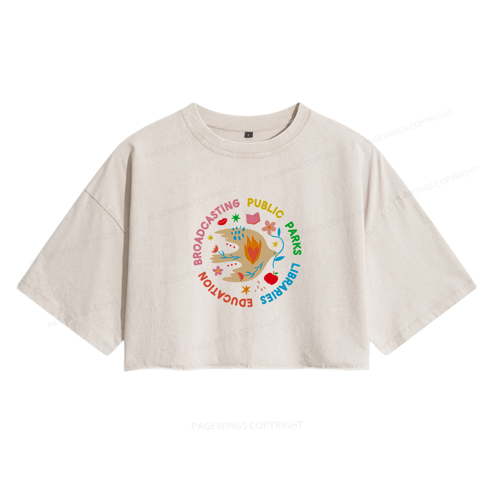 Pagewings Public Parks Libraries Education Broadcasting Women's Washed Cropped T-shirt