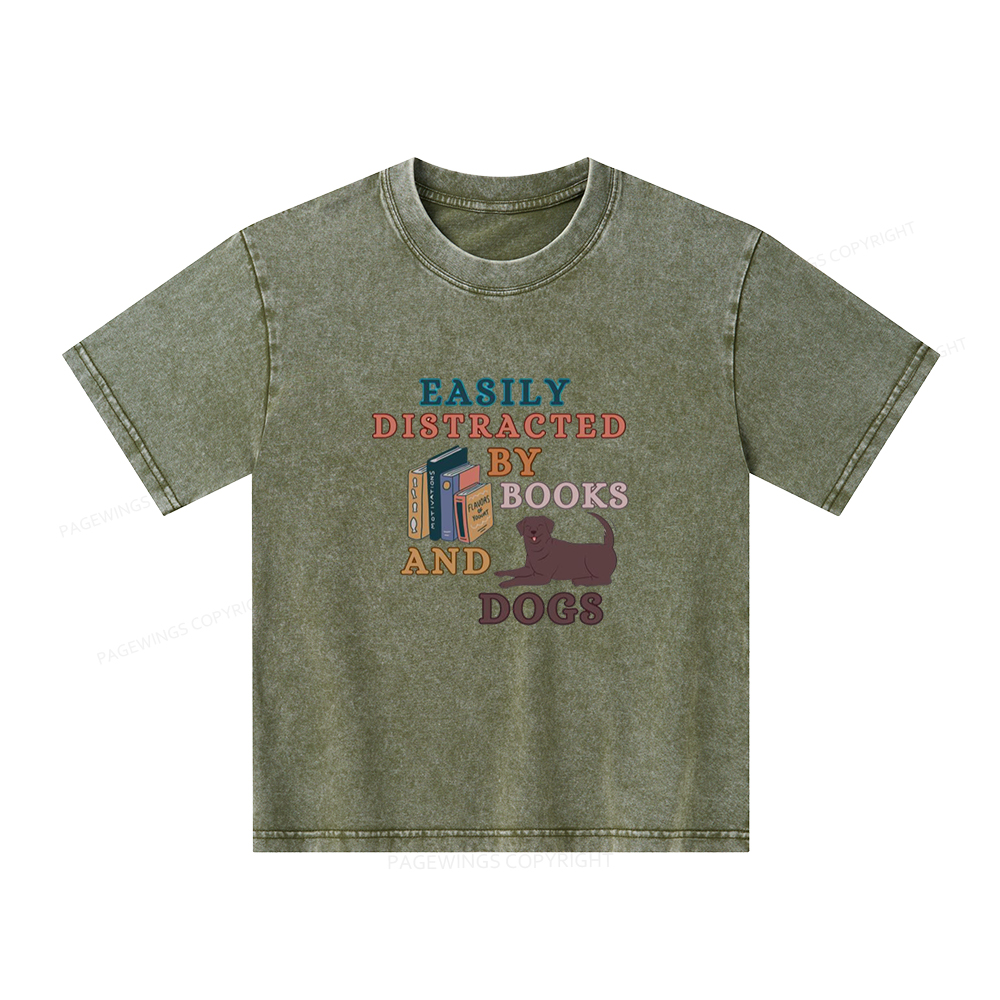 Pagewings Easily Distracted By Books And Labrador Unisex Kids Washed T-shirt