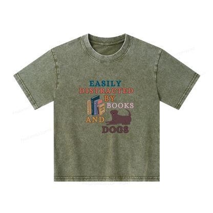 Pagewings Easily Distracted By Books And Labrador Unisex Kids Washed T-shirt