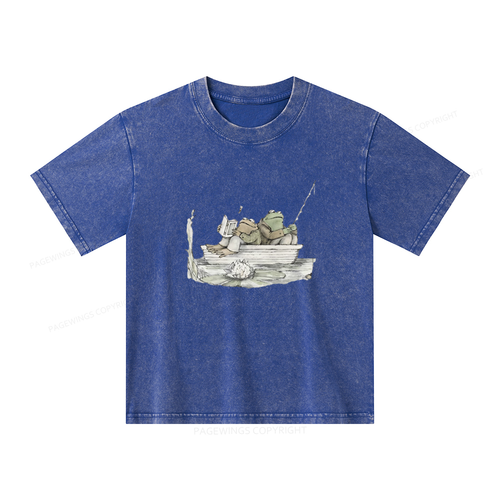 Pagewings Frog Reading Unisex Kids Washed T-shirt