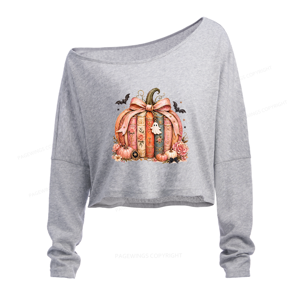 Pagewings Book Pumpkin Slouchy Long Sleeve Off Shoulder T-shirt