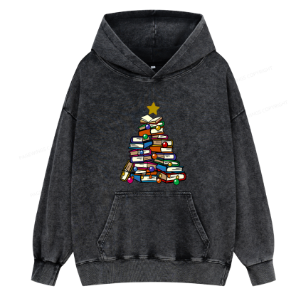 Pagewings Christmas Tree Bookworm Unisex Washed Hoodie