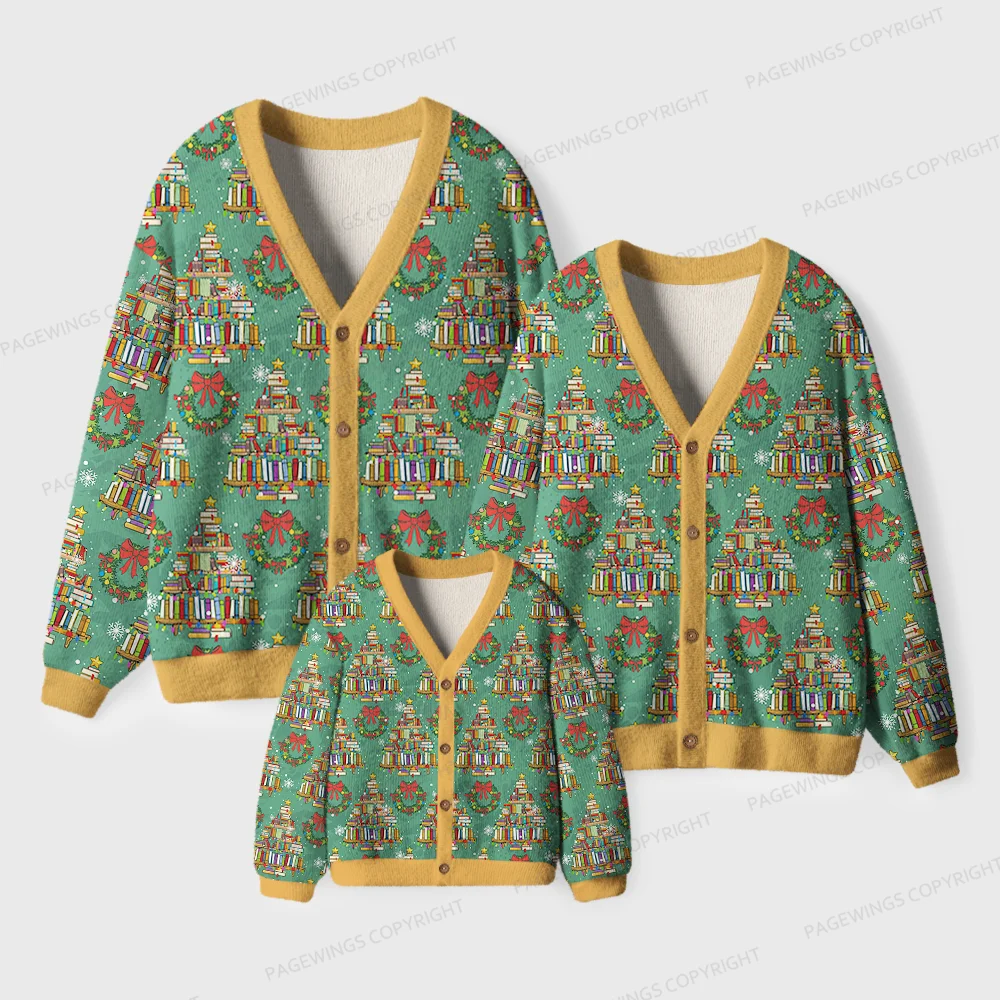 Pagewings Christmas Book Tree Unisex Ugly Cardigan Sweaters