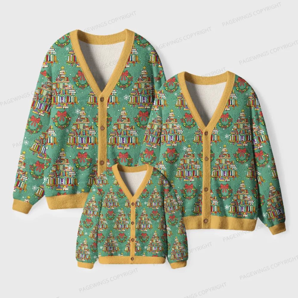 Pagewings Christmas Book Tree Unisex Ugly Cardigan Sweaters