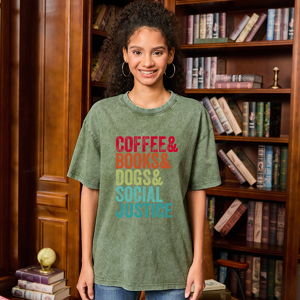 Pagewings Books Coffee Dogs Social Justice Unisex Washed T-shirt