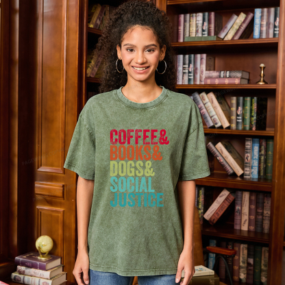 Pagewings Books Coffee Dogs Social Justice Unisex Washed T-shirt