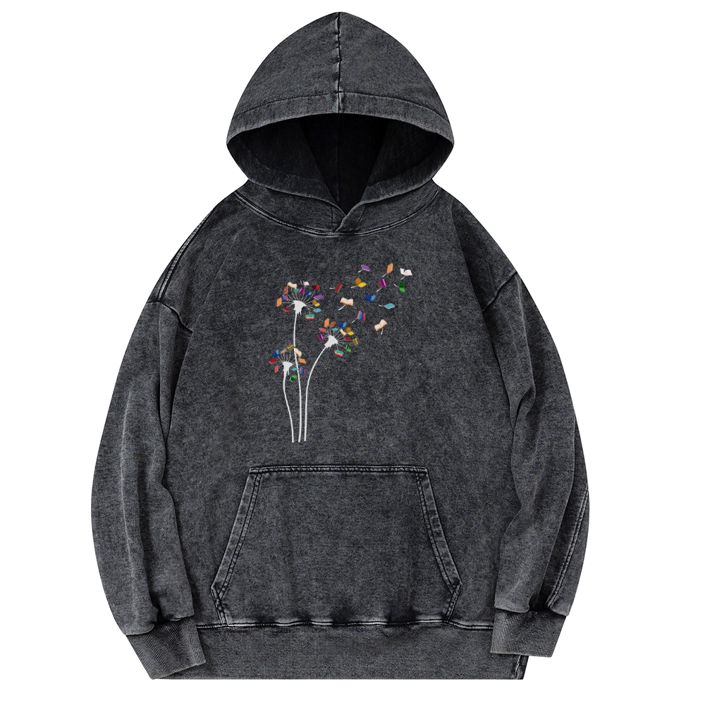 Pagewings Cute Dandelion Books Flower Fly Unisex Washed Hoodie