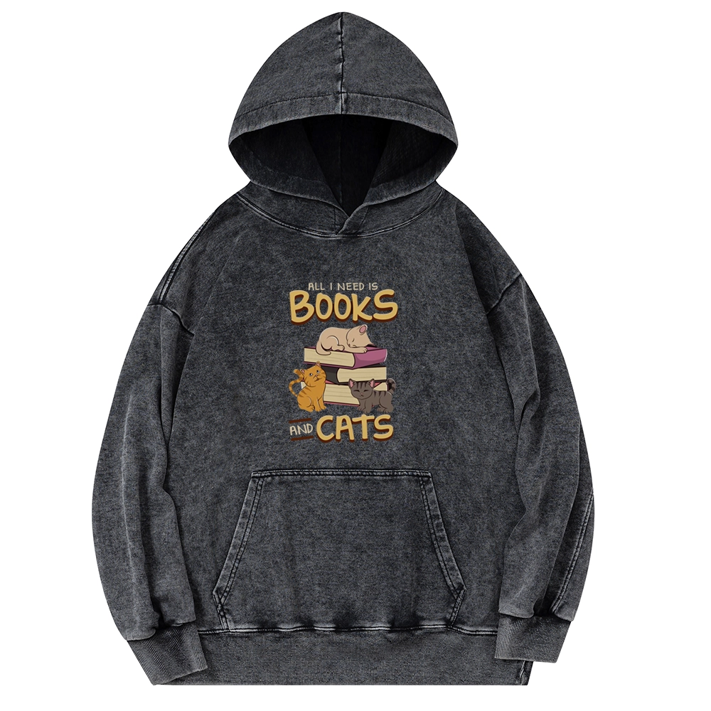 Pagewings All I Need Is Books And Cats Unisex Washed Hoodie