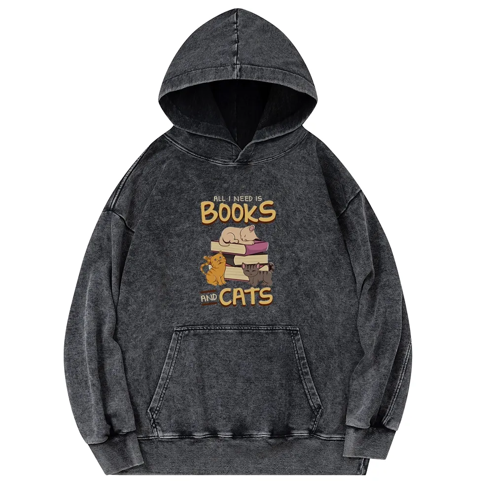 Pagewings All I Need Is Books And Cats Unisex Washed Hoodie