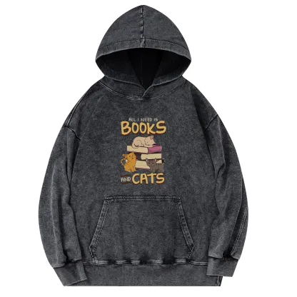 Pagewings All I Need Is Books And Cats Unisex Washed Hoodie