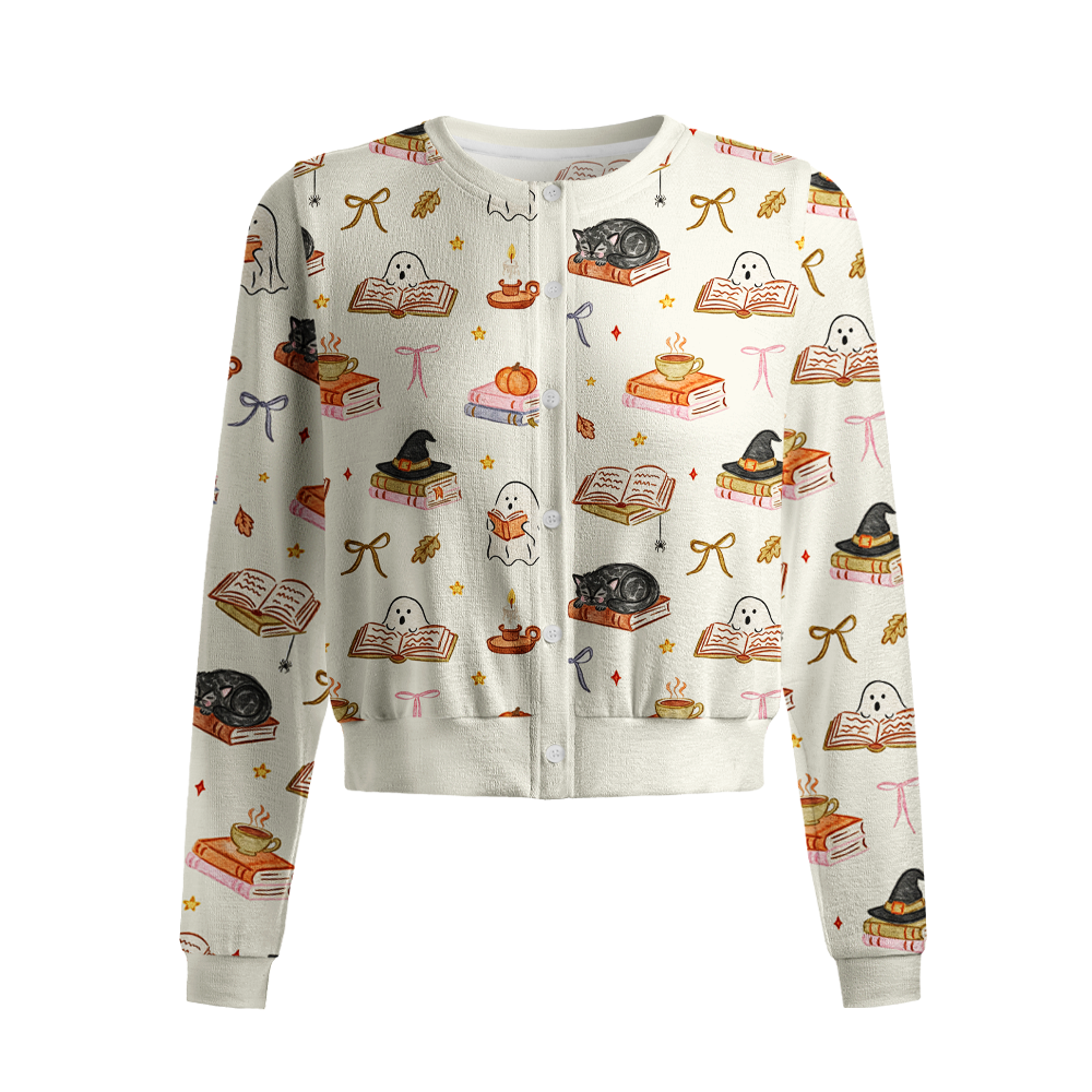 Pagewings Ghosts Love Reading Crew Neck Cardigan Sweaters
