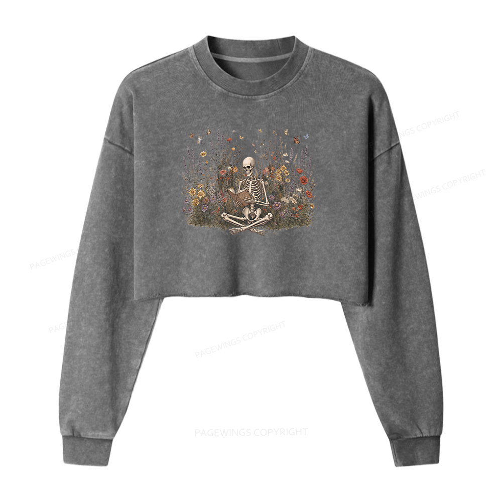 Pagewings Skeleton Reading Book Washed Crop Sweatshirt