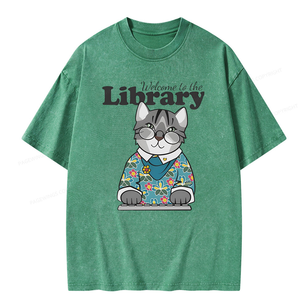 Pagewings Welcome to the Library Cat Unisex Washed T-shirt