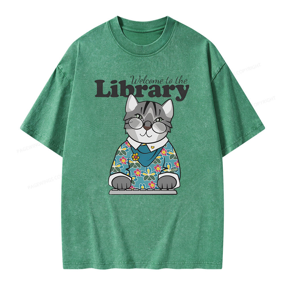 Pagewings Welcome to the Library Cat Unisex Washed T-shirt