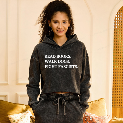 Pagewings Read Books Walk Dogs And Fight Washed Crop Hoodie