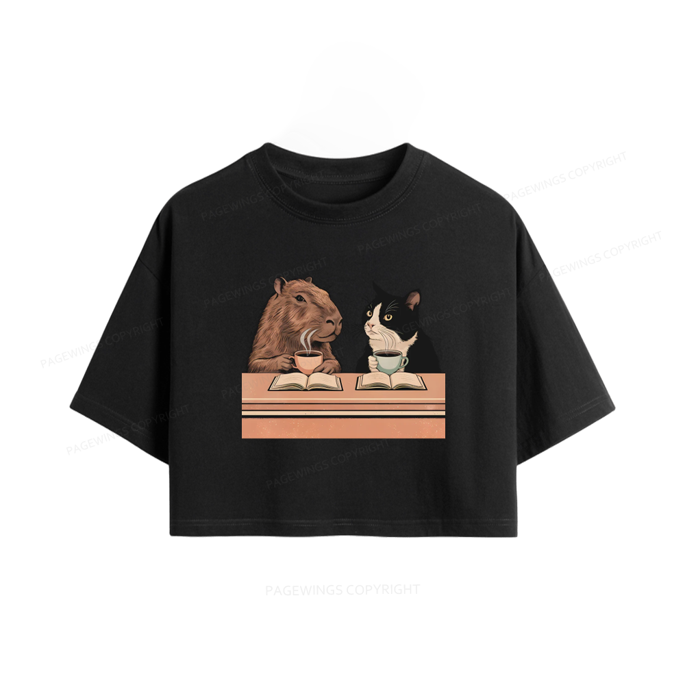 Pagewings Capybara and Tuxedo Cat Chilling with Coffee Women Crop Tops