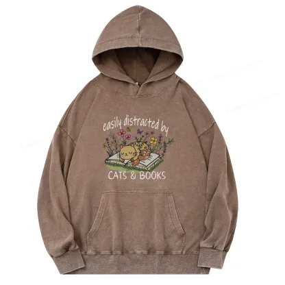 Pagewings Easily Distracted By Cats And Books Unisex Washed Hoodie