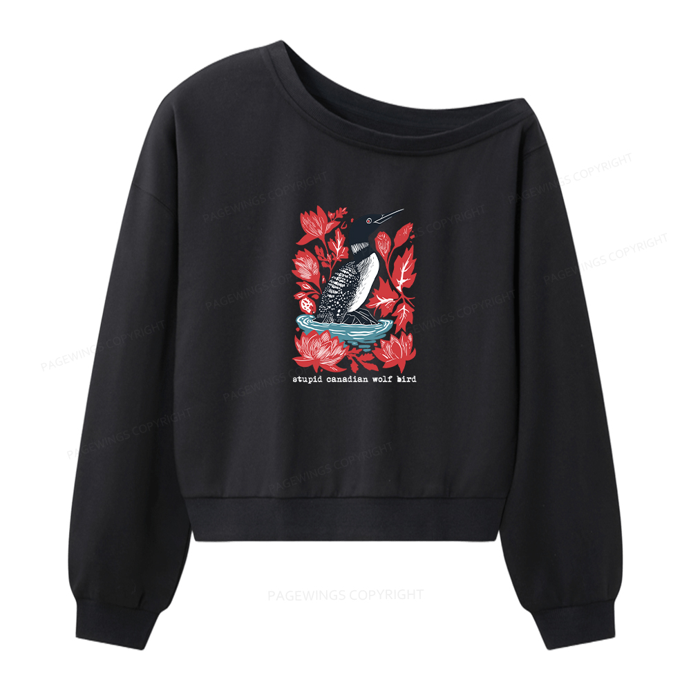 Pagewings Stupid Canadian Wolf Bird Women Off Shoulder Sweatshirt