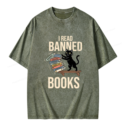 Pagewings Black Cat I Read Banned Books Unisex Washed T-shirt