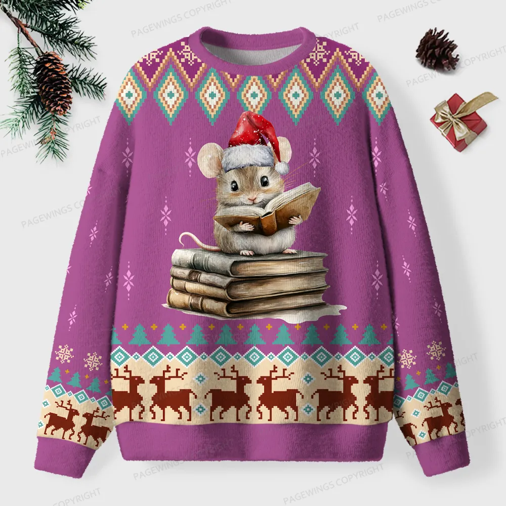 Pagewings Mouse With Books Unisex Ugly Knit Sweatshirt