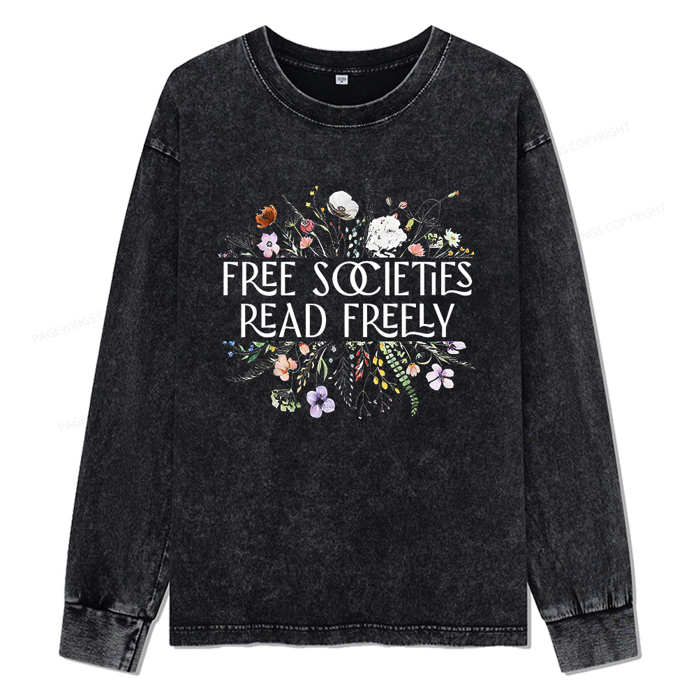 Pagewings Free Societies Read Freely Unisex Washed Long Sleeve T-shirt
