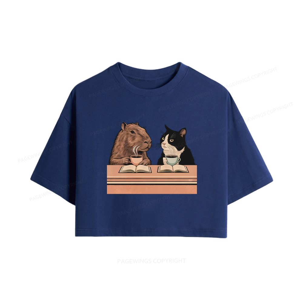 Pagewings Capybara and Tuxedo Cat Chilling with Coffee Women Crop Tops