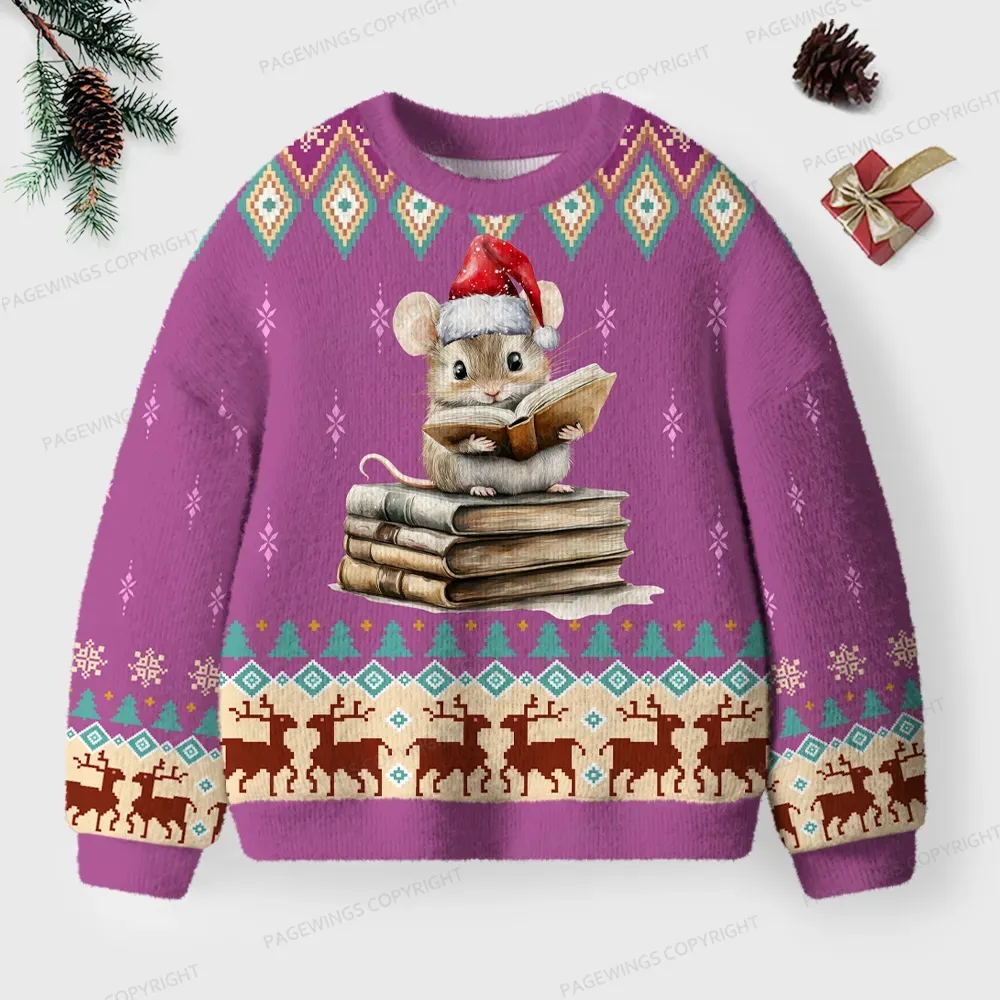 Pagewings Mouse With Books Unisex Ugly Knit Sweatshirt