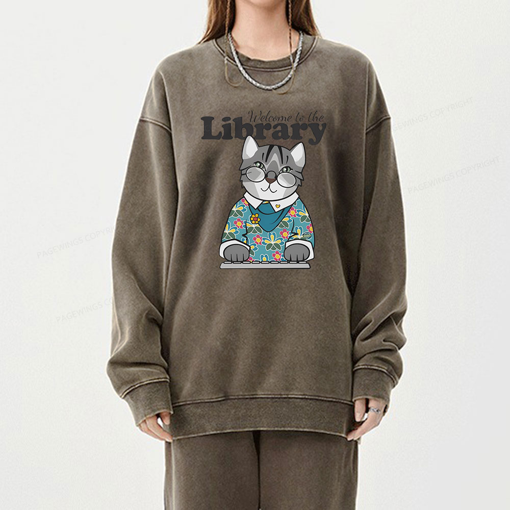 Pagewings Welcome to the Library Cat Unisex Washed Sweatshirt